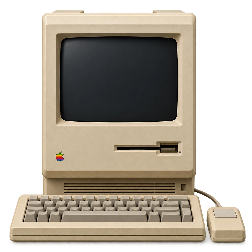 Vintage Macintosh computer with a live typing screen